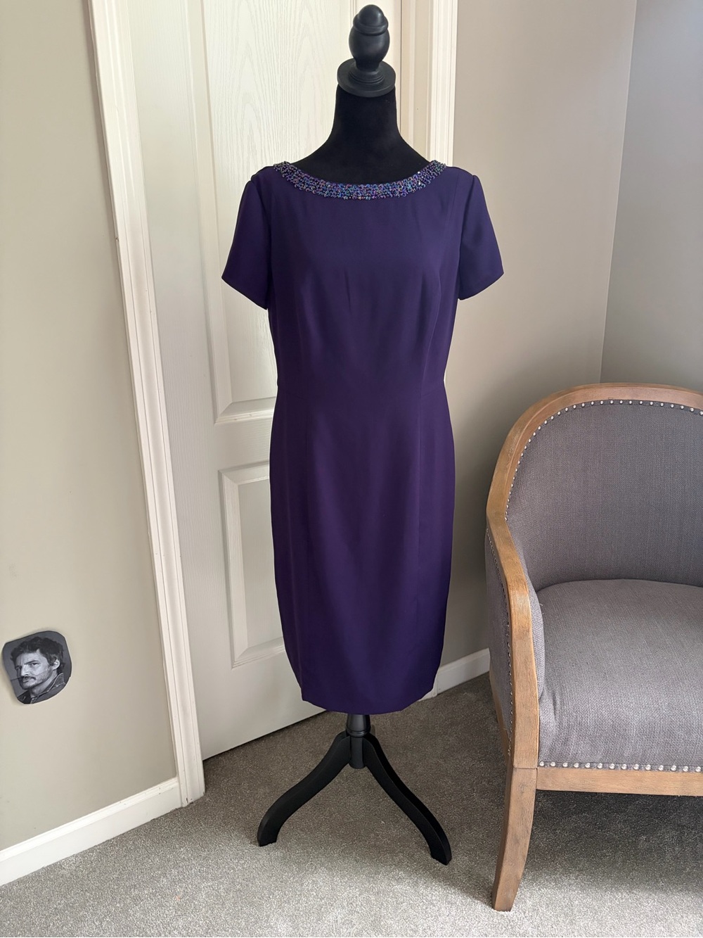 Talbots Purple Beaded Neck Short Sleeve Sheath Dress